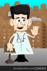 Funny cartoon doctor raising his hand and put the other on a holy book. Vector illustration.