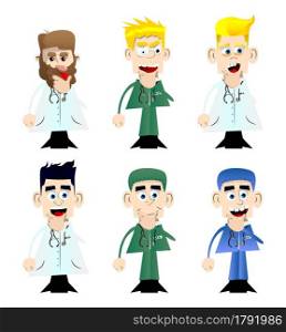 Funny cartoon doctor thinking. Vector illustration. Uncertain health care worker.
