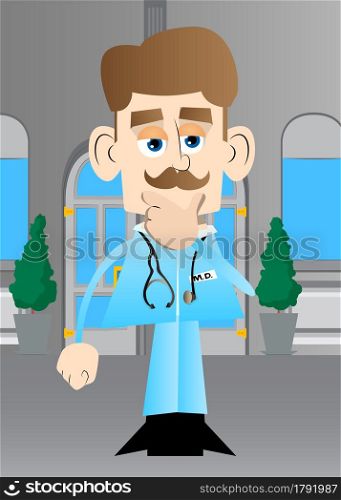Funny cartoon doctor thinking. Vector illustration. Uncertain health care worker.