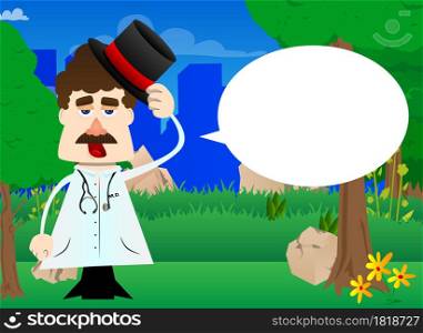 Funny cartoon doctor tipping his hat. Vector illustration.