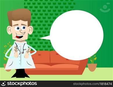 Funny cartoon doctor with clapping hands. Vector illustration.