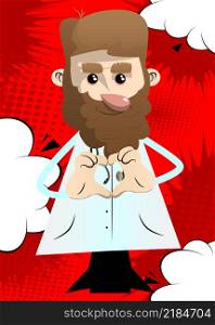 Funny cartoon doctor with heart shape hand gesture. Vector illustration.