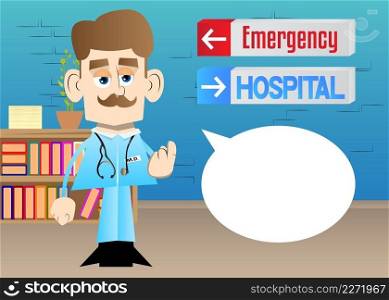 Funny cartoon doctor with inviting hand sign, to come here expression. Vector illustration.