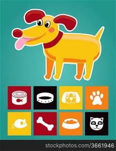 Funny cartoon dog and icons - vector illustration