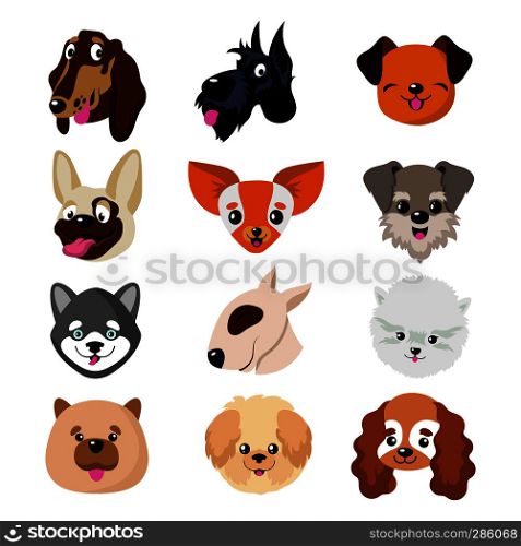Funny cartoon dog faces. Cute puppy animal vector set. Collection of dog and puppy funny pets illustration. Funny cartoon dog faces. Cute puppy animal vector set