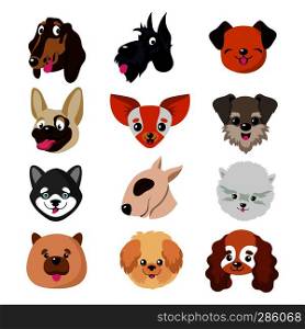 Funny cartoon dog faces. Cute puppy animal vector set. Collection of dog and puppy funny pets illustration. Funny cartoon dog faces. Cute puppy animal vector set