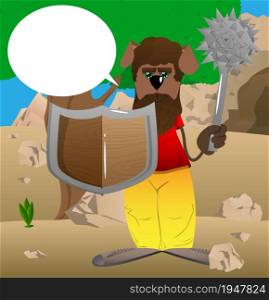 Funny cartoon dog holding a spiked mace and shield. Vector illustration.
