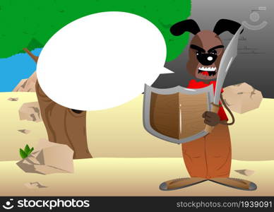 Funny cartoon dog holding a sword and shield. Vector illustration.