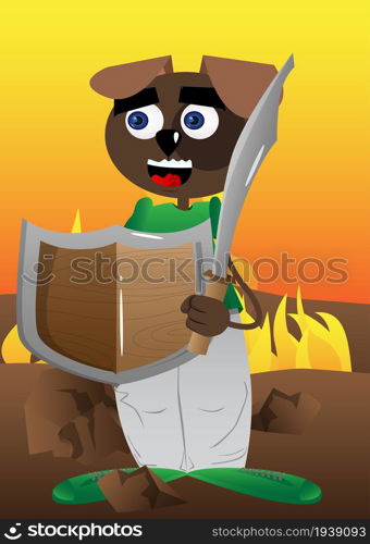 Funny cartoon dog holding a sword and shield. Vector illustration.