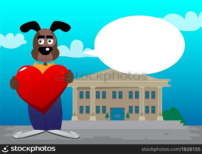 Funny cartoon dog holding big red heart. Vector illustration.