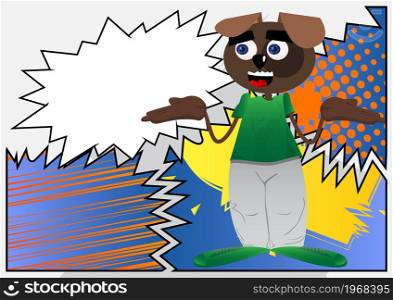 Funny cartoon dog shrugs shoulders expressing don't know gesture. Vector illustration.