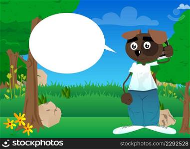 Funny cartoon dog talking on cell phone. Vector illustration. Mobile Communication Concept.