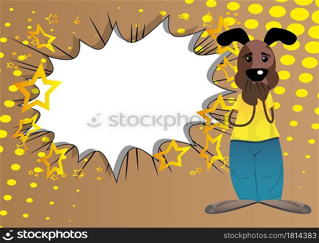 Funny cartoon dog with hands over mouth. Vector illustration.