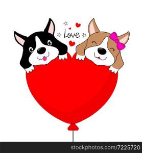 Funny cartoon dogs characters. Two dogs in love with heart shape balloon. Vector illustration isolated on white background.