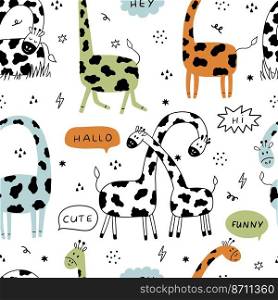Funny cartoon doodle giraffe. Vector seamless pattern with giraffes, speech bubbles and dots. It can be used for wallpaper, textiles, nurseries, fabric, and apparel.