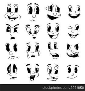 Funny cartoon emotions. Cute mascot faces from retro cartoons. 30s 40s 50s clipart characters. Angry or happy smiley. Caricatures with eyes mouths and eyebrows. Vector isolated facial expressions set. Funny cartoon emotions. Mascot faces from retro cartoons. 30s 40s 50s clipart characters. Angry or happy smiley. Caricatures with eyes mouths and eyebrows. Vector facial expressions set