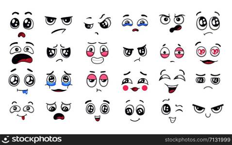 Funny cartoon faces. Face expressions, happy and sad mood. Laughing to tears face, smiling mouth and crying eyes. Doodle different moods vector illustration set. Positive and negative human feelings. Funny cartoon faces. Face expressions, happy and sad mood. Laughing to tears face, smiling mouth and crying eyes. Doodle different moods vector illustration set. Positive and negative emotions