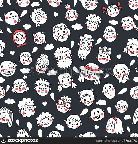 Funny cartoon faces. Seamless pattern. Vector illustration.