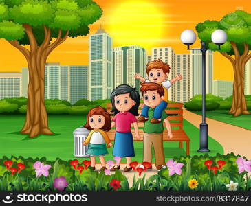Funny cartoon family in the beautiful park 