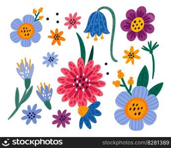 Funny cartoon flowers. Doodle blooming plants. Field or garden blossoms. Color petals. Meadow cute daisy and bluebell. Kids drawing. Isolated floral buds and leaves. Vector botanical elements set. Funny cartoon flowers. Doodle blooming plants. Field or garden blossoms. Meadow cute daisy and bluebell. Kids drawing. Isolated floral buds and leaves. Vector botanical elements set