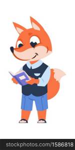 Funny cartoon fox kid at school with book. Cute forest animal getting education. Academy emblem template, schoolchild uniform advertising, developing children literature, vector nature illustration. Funny cartoon fox kid with book. Forest animal getting education, developing children literature. School emblem template, schoolchild uniform advertising, vector nature illustration