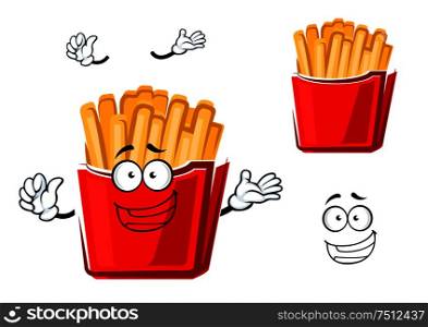 Funny cartoon french fries on paper cup for fast food or cafe menu themes design. Isolated on white background. Funny cartoon french fries on paper cup