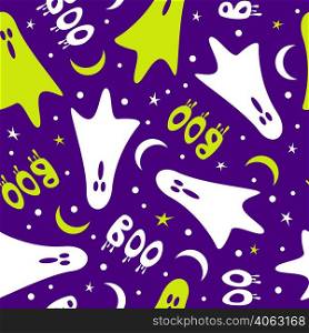 Funny cartoon ghost seamless pattern. Vector illustration for halloween.