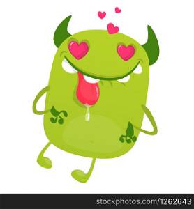 Funny cartoon green monster in love showing tongue. Vector illustration of cute monster for St.Valentine&rsquo;s Day