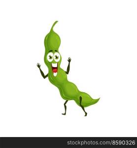 Funny cartoon green pea pod character. Comic vegetable personage, beans or pea pod. Cute veggie, organic and natural farm legume food Isolated vector sticker with happy smiling face. Funny cartoon green pea pod vegetable character