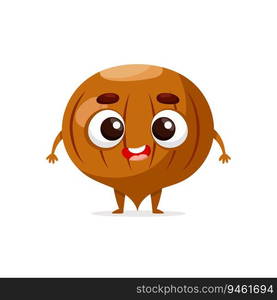 Funny cartoon hazelnut. Kawaii nut character. Vector food illustration isolated on white background.