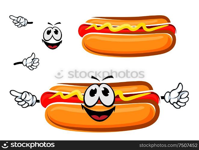 Funny cartoon hot dog sandwich with happy face, isolated on white. For fast food and takeaway menu design. Hot dog sandwich cartoon character