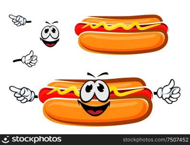Funny cartoon hot dog sandwich with happy face, isolated on white. For fast food and takeaway menu design. Hot dog sandwich cartoon character
