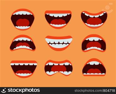 Funny cartoon human mouth, teeth and tongue with different expressions vector set isolated. Mouth expression and emotion illustration. Funny cartoon human mouth, teeth and tongue with different expressions vector set isolated