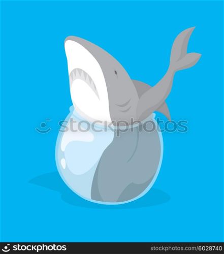 Funny cartoon illustration of big fish or shark stuck in small fishbowl