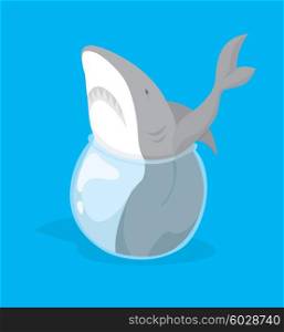 Funny cartoon illustration of big fish or shark stuck in small fishbowl