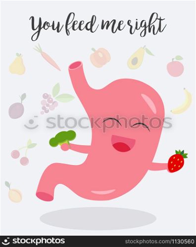 Funny cartoon illustration of happy stomach and vegetables. Funny cartoon image of happy stomach