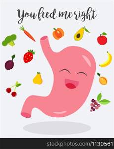 Funny cartoon illustration of happy stomach and vegetables. Funny cartoon image of happy stomach