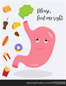 Funny cartoon image of upset stomach caused by the unhealthy eating. Funny cartoon image of upset stomach