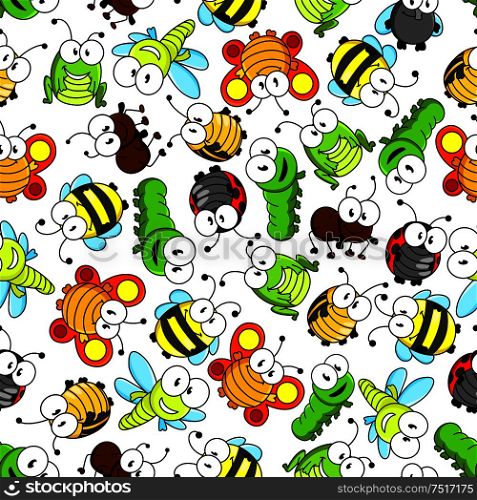 Funny cartoon insects characters seamless pattern with cute little bees and flies, sunny orange butterflies, bright green caterpillars, dragonflies and grasshoppers, striped bugs, shy ladybugs and busy brown ants. Colorful cartoon funny insects seamless pattern