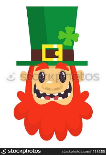 Funny Cartoon Leprechaun face. Head with Red beard. Portrait for St. Patricks Day celebration in Ireland