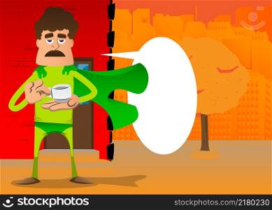 Funny cartoon man dressed as a superhero holding a cup of coffee. Vector illustration.