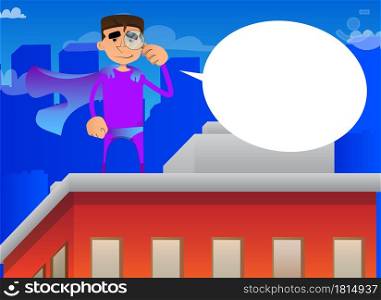 Funny cartoon man dressed as a superhero holding a magnifying glass. Vector illustration.