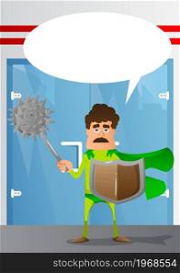 Funny cartoon man dressed as a superhero holding a spiked mace and shield. Vector illustration.