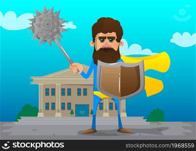 Funny cartoon man dressed as a superhero holding a spiked mace and shield. Vector illustration.