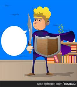 Funny cartoon man dressed as a superhero holding a sword and shield. Vector illustration.
