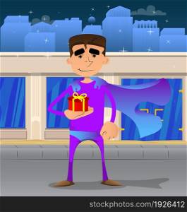 Funny cartoon man dressed as a superhero holding small gift box. Vector illustration.