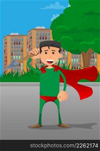 Funny cartoon man dressed as a superhero holding spear in his hand. Vector illustration.