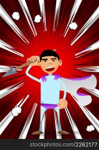 Funny cartoon man dressed as a superhero holding spear in his hand. Vector illustration.