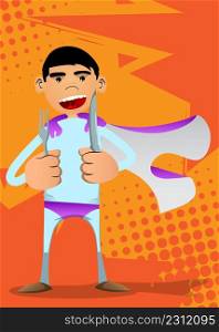 Funny cartoon man dressed as a superhero holding up a knife and fork. Vector illustration.