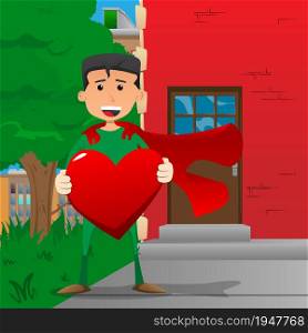 Funny cartoon man dressed as a superhero hugging big red heart. Vector illustration.